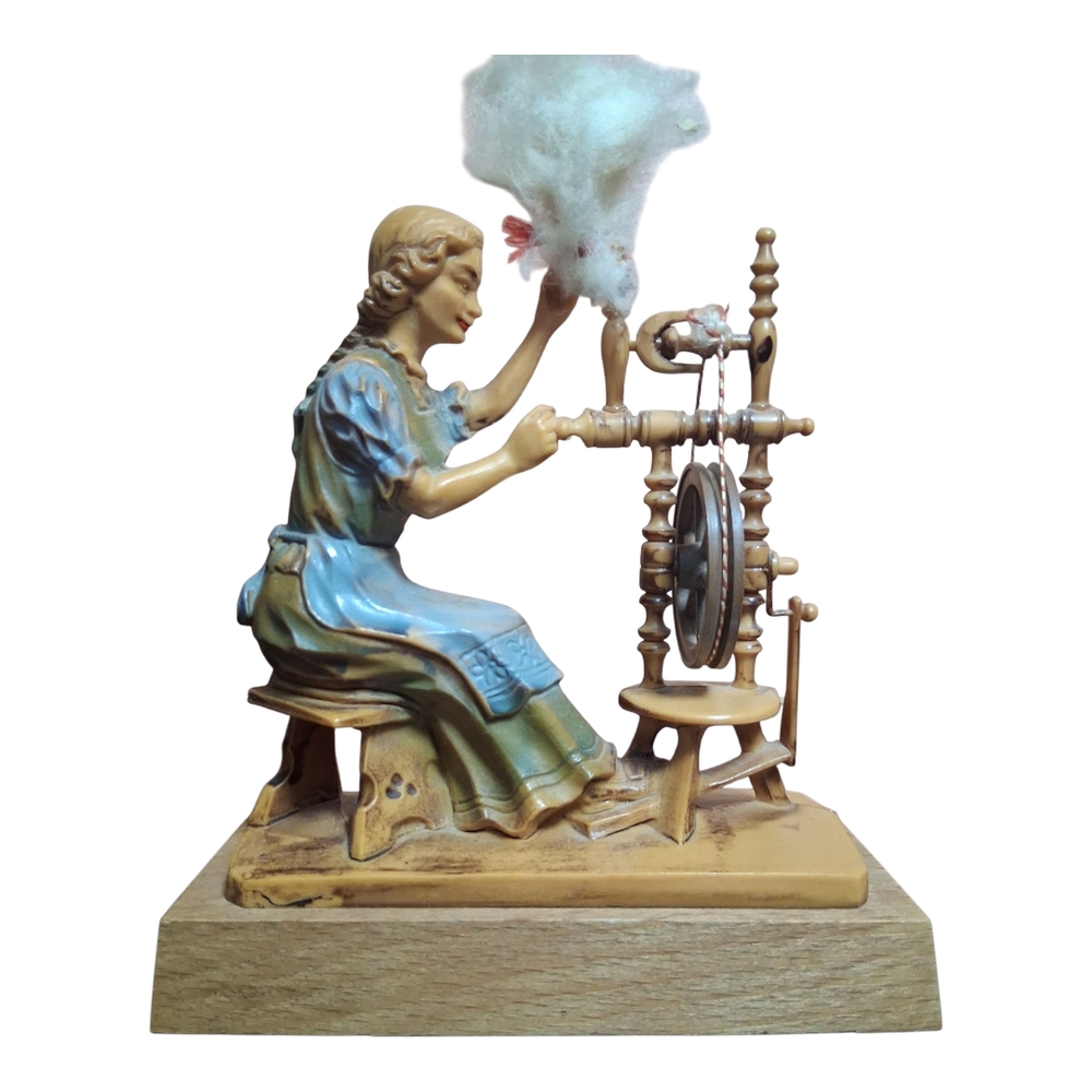 Vintage Style Spinning Wheel Figurine in Blue and Tan